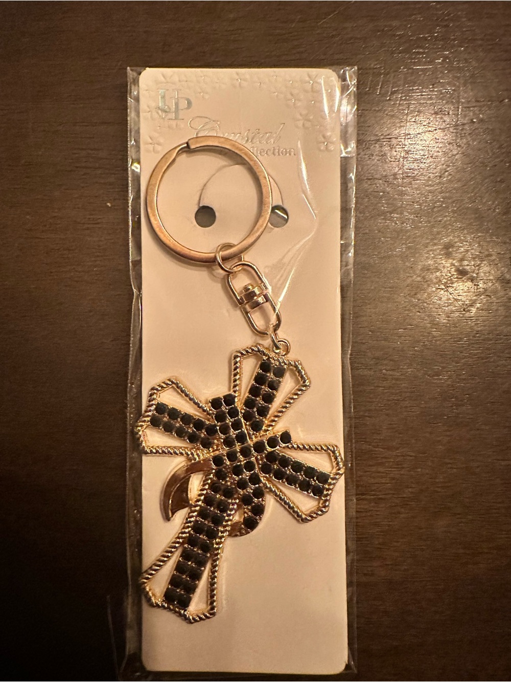 Gold-Tone Cross Key & Card Holder Charm with Black Stones